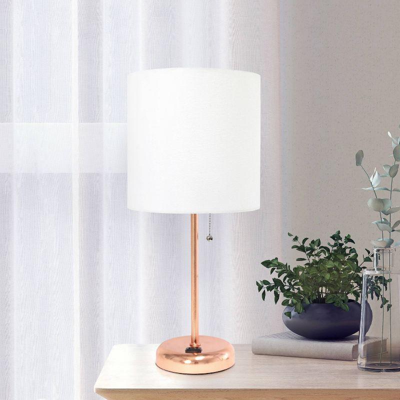 Creekwood Home 19.5" Bedside Power Outlet Base Metal Table Desk Lamp in Rose Gold with White Fabric Shade: ETL Listed, No Assembly Required