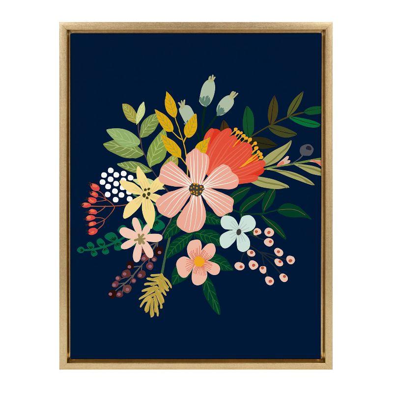 Gold Framed Floral Canvas Wall Art in Black Background