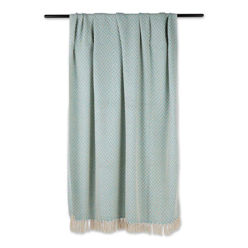 Aqua and Beige Cotton Zig-Zag Throw Blanket with Fringe