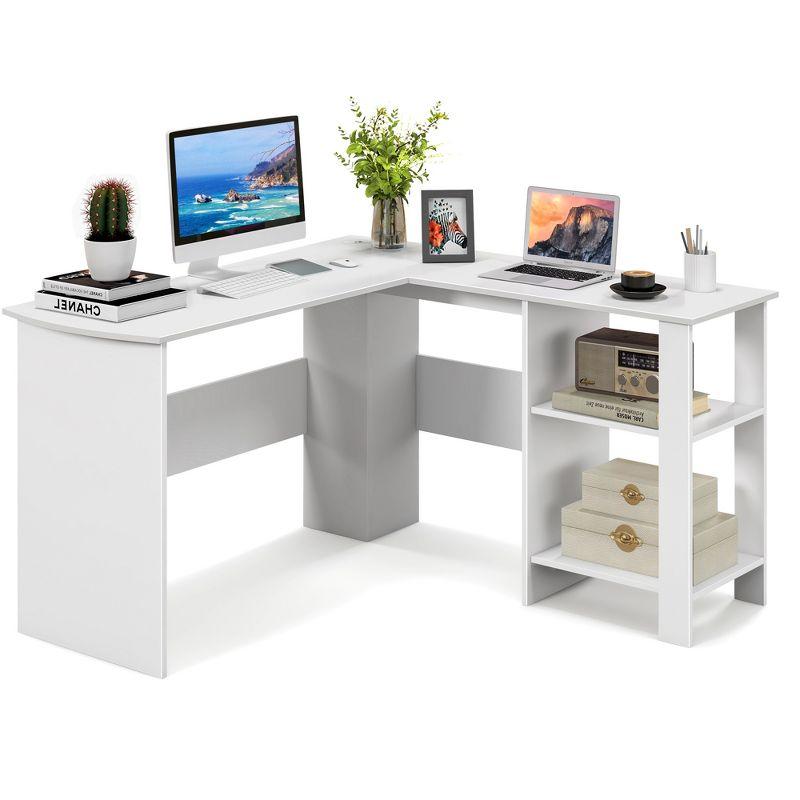 White L-Shaped Corner Writing Desk with Storage Shelves