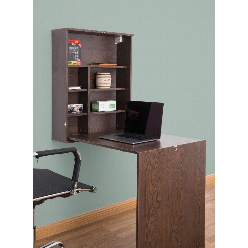 Brown Wood Foldable Wall Mount Laptop Desk with Shelves