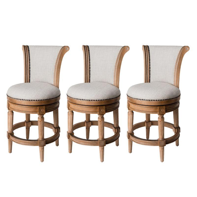 Maven Lane Pullman 26 Inch Tall Counter Height Upholstered Barstool with Back in Weathered Oak Finish with Sand Color Fabric Cushion Seat, Set of 3