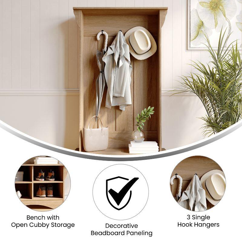Merrick Lane Hallway Tree with Bench Seating, 3 Single Coat Hooks and Lower Storage with Adjustable Shelves in Weathered Wood