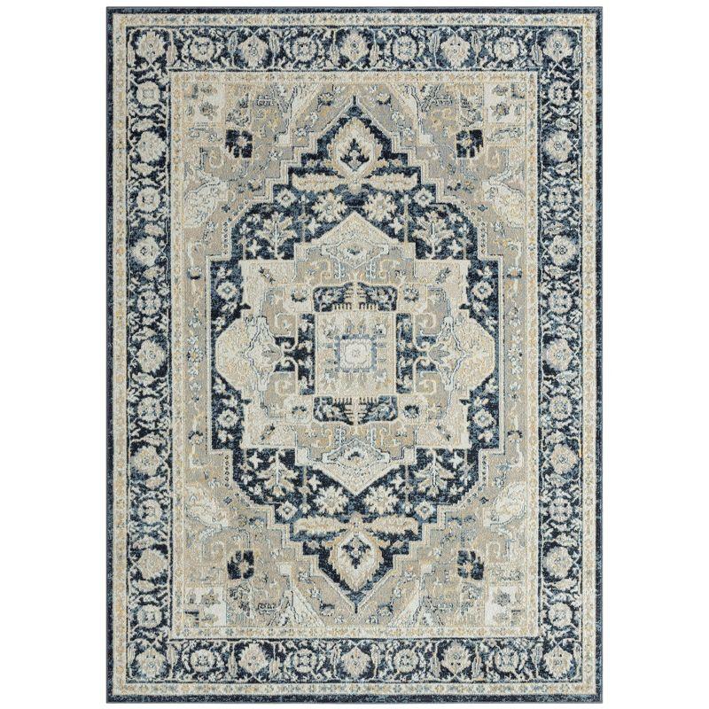 Everwash Treasure Rubia Traditional Medallion Machine Washable Area Rug, Ivory/Navy Blue, 5'2"x7'2"