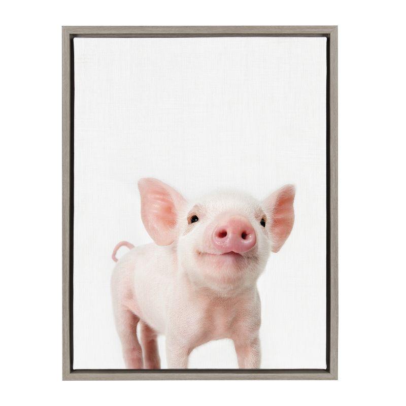 Gray Framed Canvas Print of Baby Piglet, 18" x 24"