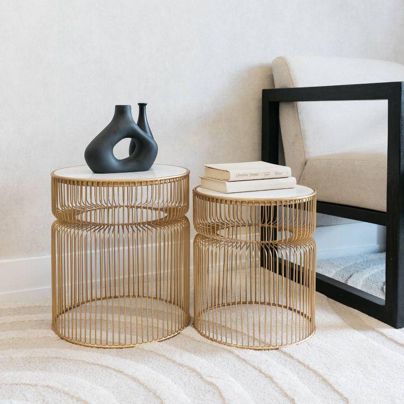 Set of 2 Vernway Side Tables White/Gold - Signature Design by Ashley: Marble Top, Contemporary Living Room Furniture Set