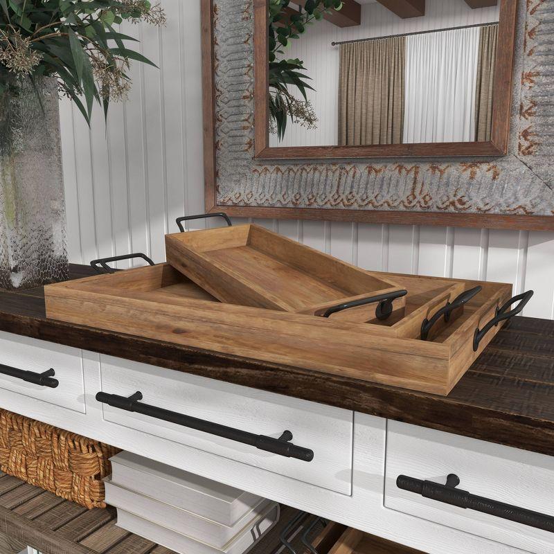 Set of 3 Farmhouse Slat Style Mango Wood and Iron Trays Brown - Olivia & May: Ottoman, Basket Design, 24-Inch