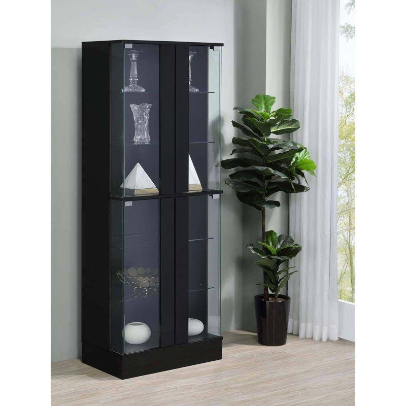 Coaster Cabra Modern Wood Curio Cabinet with Glass Shelves and LED Lighting Black High Gloss