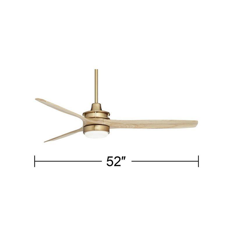 Casa Vieja 52" Windspun Modern Indoor Ceiling Fan 3 Blade LED Light Remote Control Soft Brass Finish Natural Wood Blades Bedroom Living Room Kitchen
