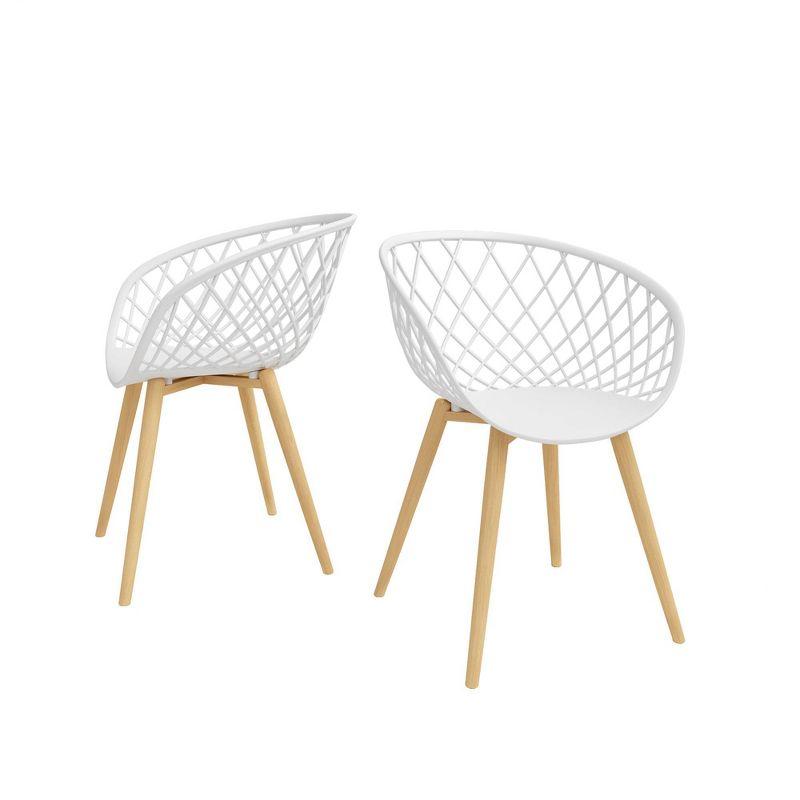 Modern White & Natural Wood Contoured Arm Chair, Set of 2