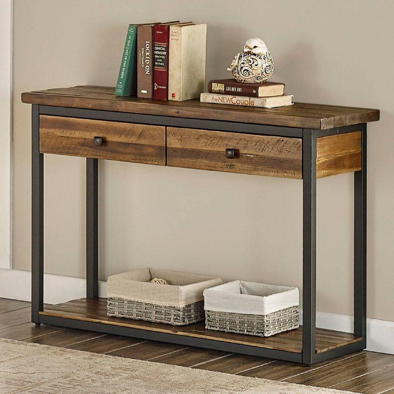 Claremont Rustic Wood Console Table with Two Drawers and Low Shelf Dark Brown - Alaterre Furniture: Industrial Style, Metal Frame, Entryway Storage