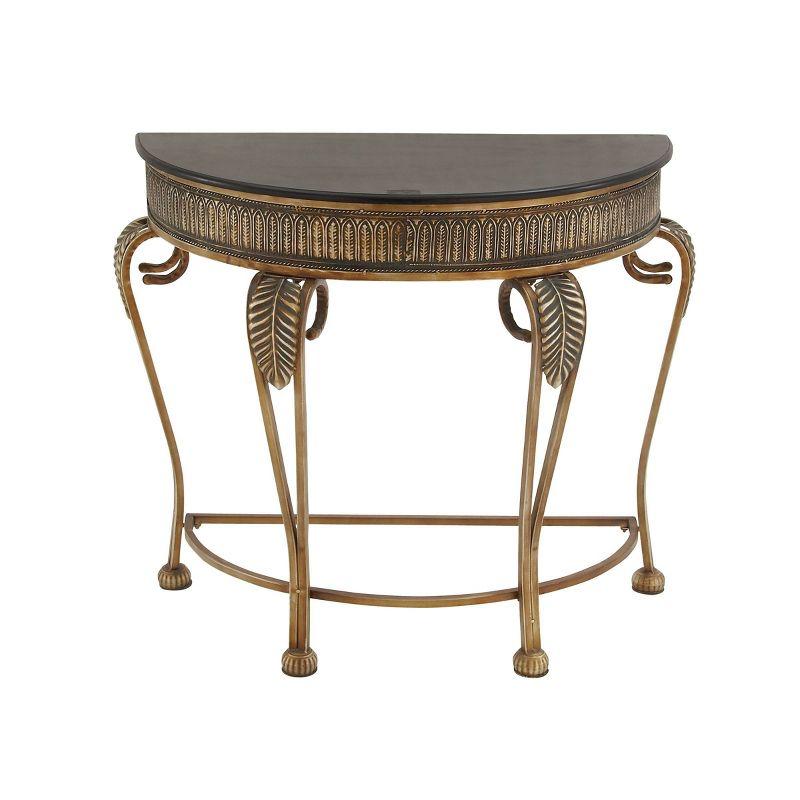 Allura Metal Embossed Leaf Console Table with Ornate Scroll Legs