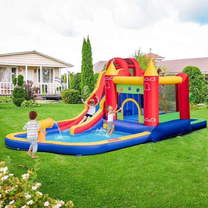 Costway 9-in-1 Inflatable Bounce Castle with Waterslide Splash Pool for 3+ without Blower/with 735W Blower