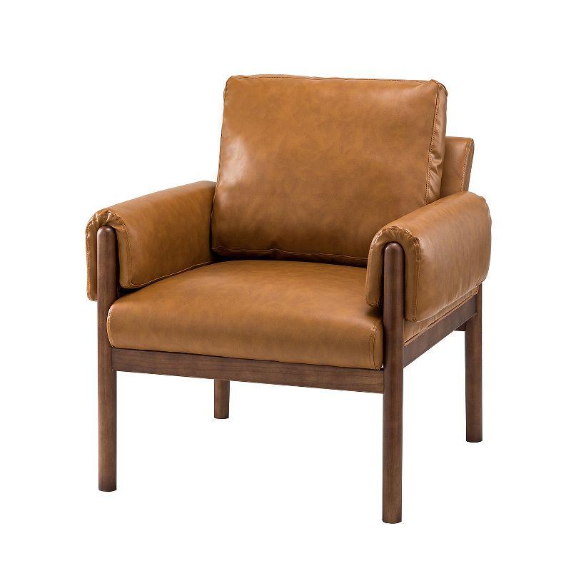 Cognac Faux Leather and Mahogany Wood Accent Chair