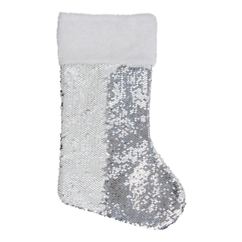 Northlight 19" White and Silver Sequin Christmas Stocking With White Faux Fur Cuff