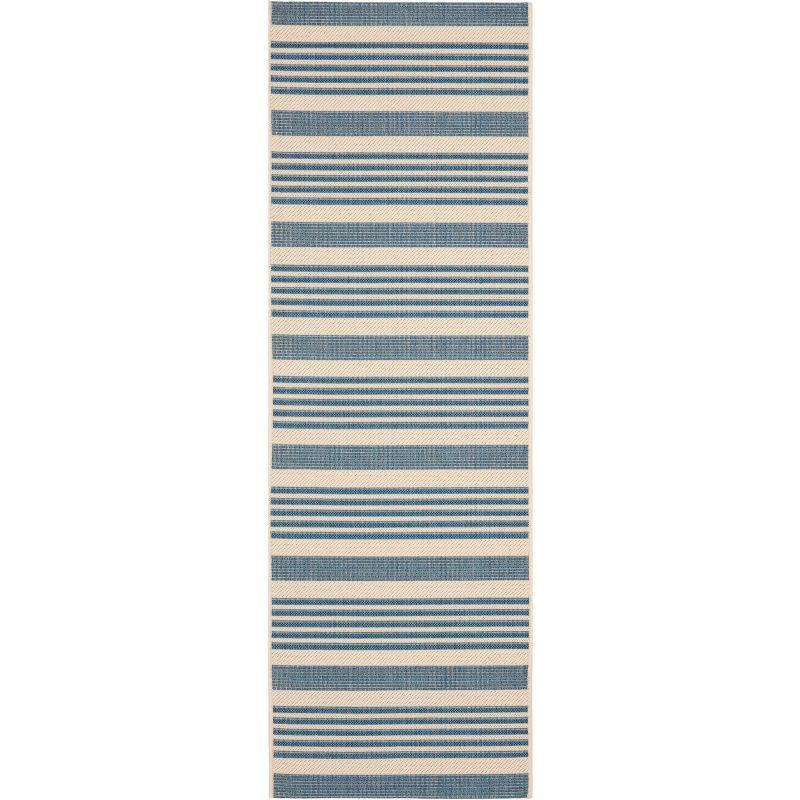 Beige and Blue Striped Synthetic Indoor/Outdoor Runner Rug, 27" x 18"