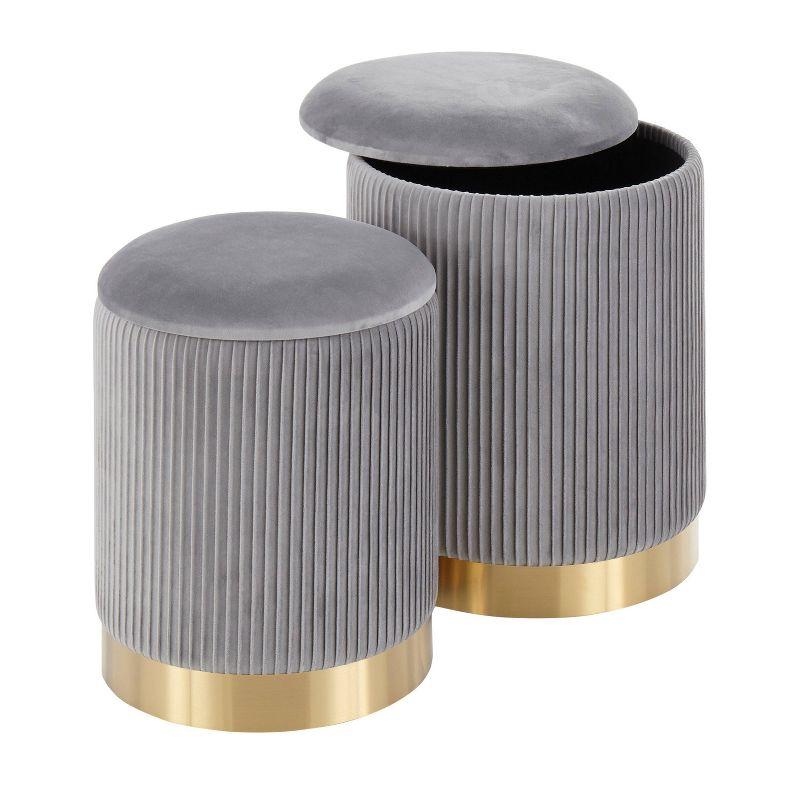 LumiSource Marla Contemporary Nesting Pleated Ottomans Gold/Gray: Velvet Upholstered, Metal Legs, No Assembly Required