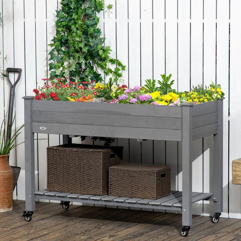 Outsunny 46.5" x 21.75" Raised Garden Bed, Elevated Wooden Planter Box w/ Lockable Wheels, Storage Shelf and Bed Liner for Backyard, Patio, Dark Gray