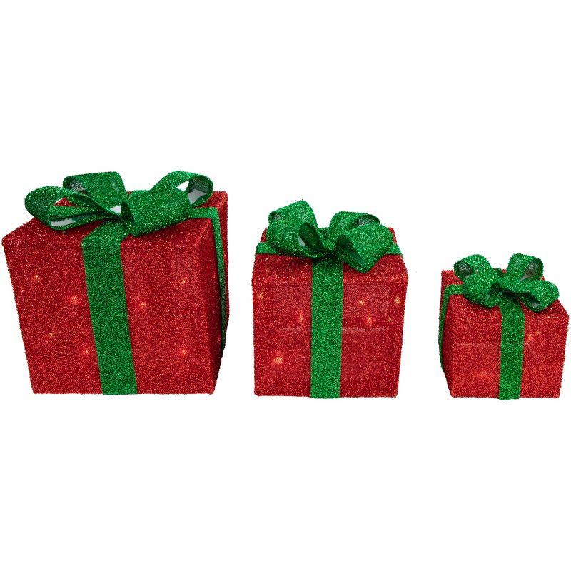 Northlight Seasonal Set of 3 Lighted Red and Green Tinsel Gift Boxes with Bows Christmas Outdoor Decorations 10"