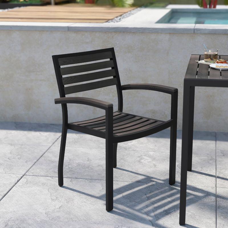 Flash Furniture 2 Pack All-Weather Black Aluminum Patio Stack Chairs - Gray Wash Faux Teak Slats