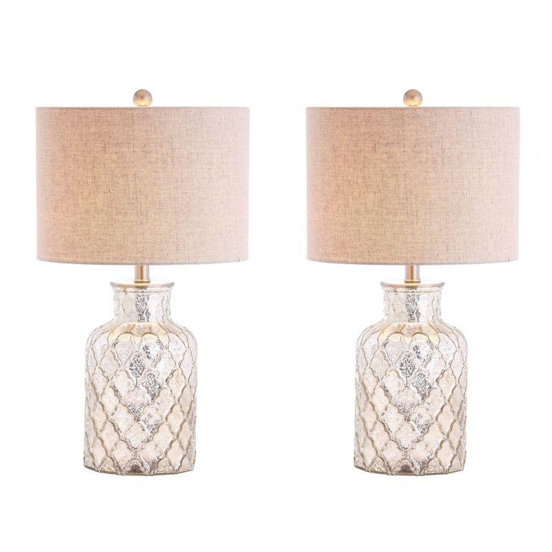 Antiqued Mercury Silver Quatrefoil Glass Table Lamp Set