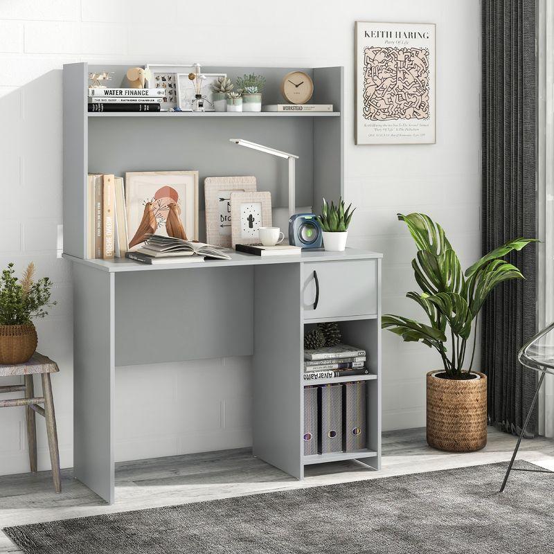 Tangkula Computer Desk Home Office Desk w/ Raised Display Shelf & 2 Open Shelves Gray