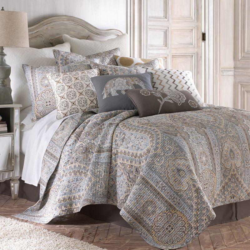 Casablanca Grey Global Quilt Set - Full/Queen Quilt and Two Standard Pillow Shams Grey, Blue, Brown - Levtex Home