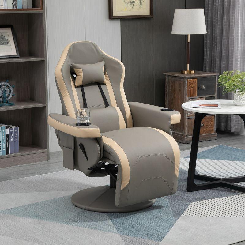 Gray and Beige Faux Leather Swivel Recliner with Metal Base