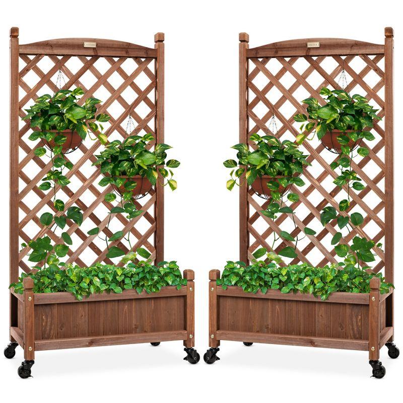 Set of 2 Walnut Fir Wood Planter Box with Trellis