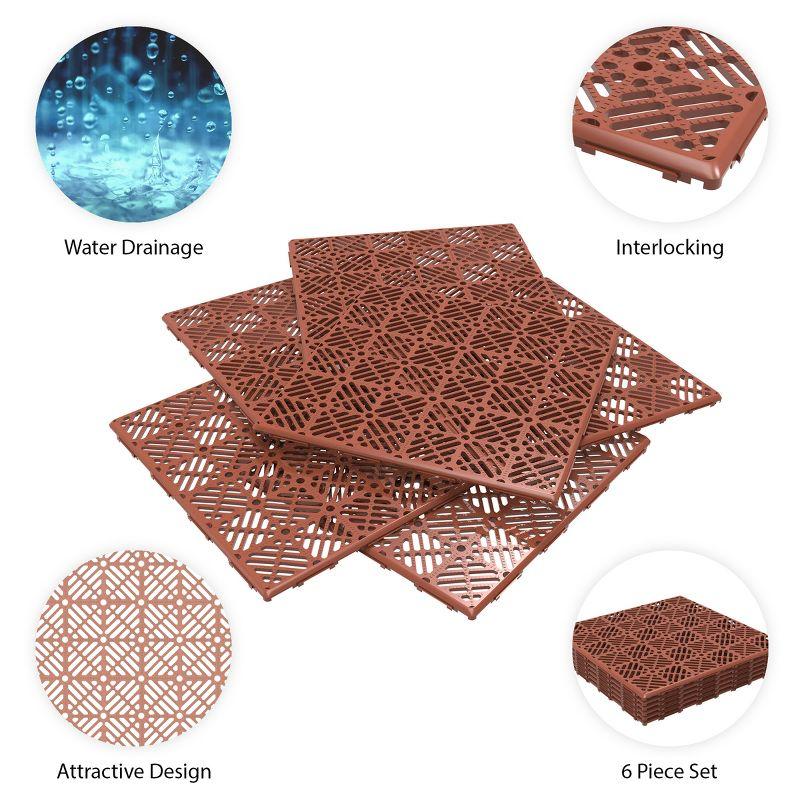 Nature Spring Interlocking Open Patterned Terracotta Patio and Deck Flooring Tiles - Set of 6