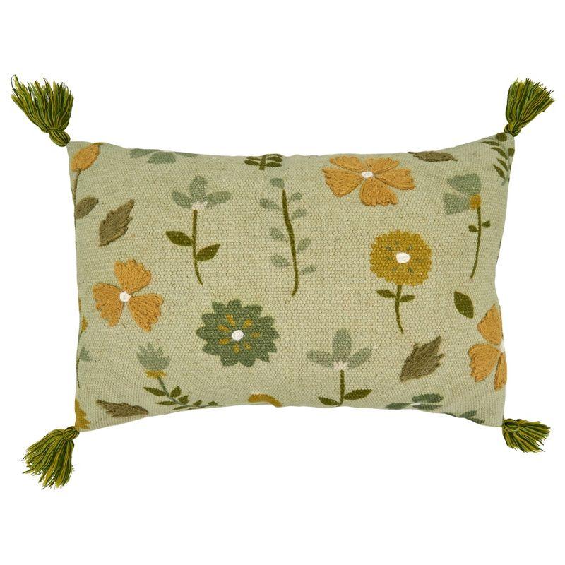 Green Floral Embroidered Cotton Pillow Cover with Tassels