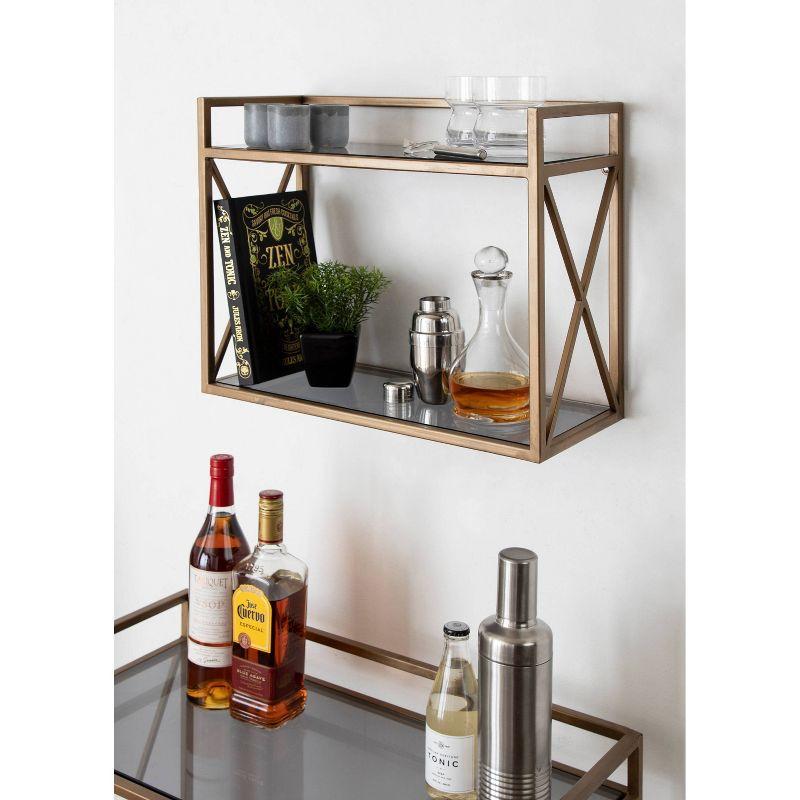 Elegant Gold and Black Glass Dual-Tier Wall Shelf, 20.3" x 21.1"