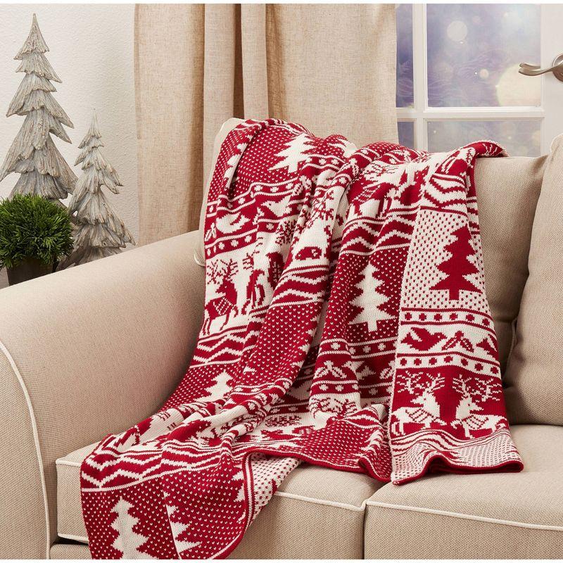 Red and White Reindeer Christmas Tree Knit Throw Blanket