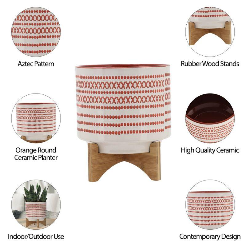 Aztec-Inspired 10" Ceramic Planter with Wooden Stand in Orange