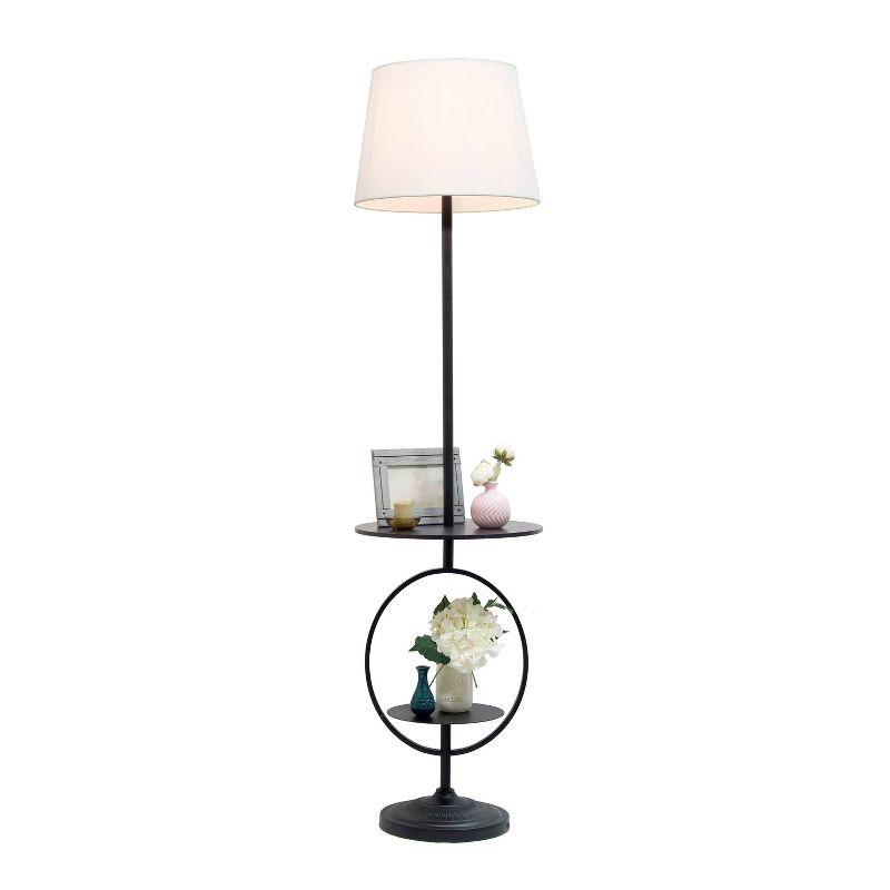 Bedside Nightstand End Table Dual Shelf Decorative Floor Lamp Black - Elegant Designs: Modern Metal with Linen Shade, ETL Listed