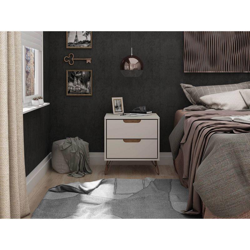 Manhattan Comfort 2.0 Rockefeller Nightstand Off White/Natural: Mid-Century Design, Splayed Metal Legs, Dual Drawers