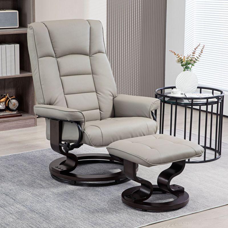 Gray Faux Leather Swivel Recliner with Ottoman and Wood Frame