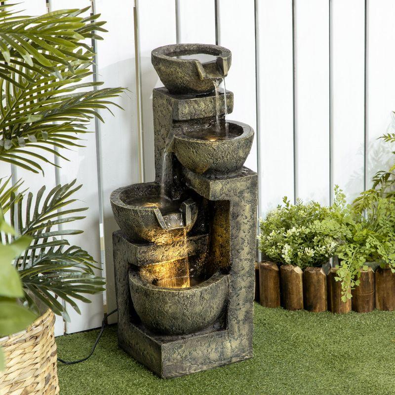 Outsunny Outdoor Fountain with 4-Tier Stacked Stone Look Bowls, Cascading Waterfall, Adjustable Flow & LED Lights, Rustic Zen Garden Décor, Gray