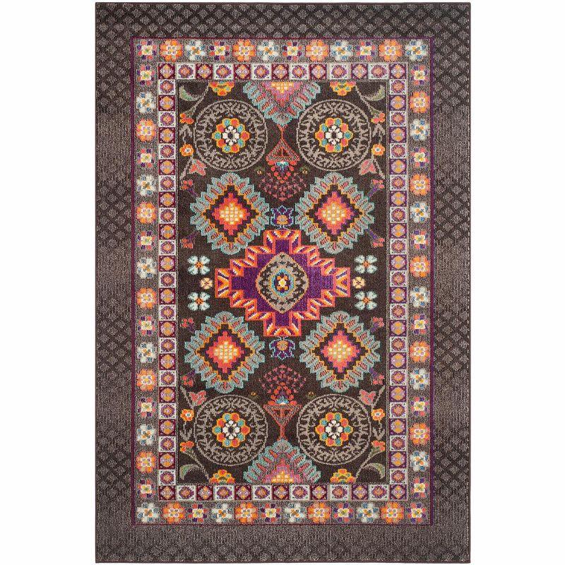 Large Rectangular Red and Brown Boho-Chic Synthetic Area Rug