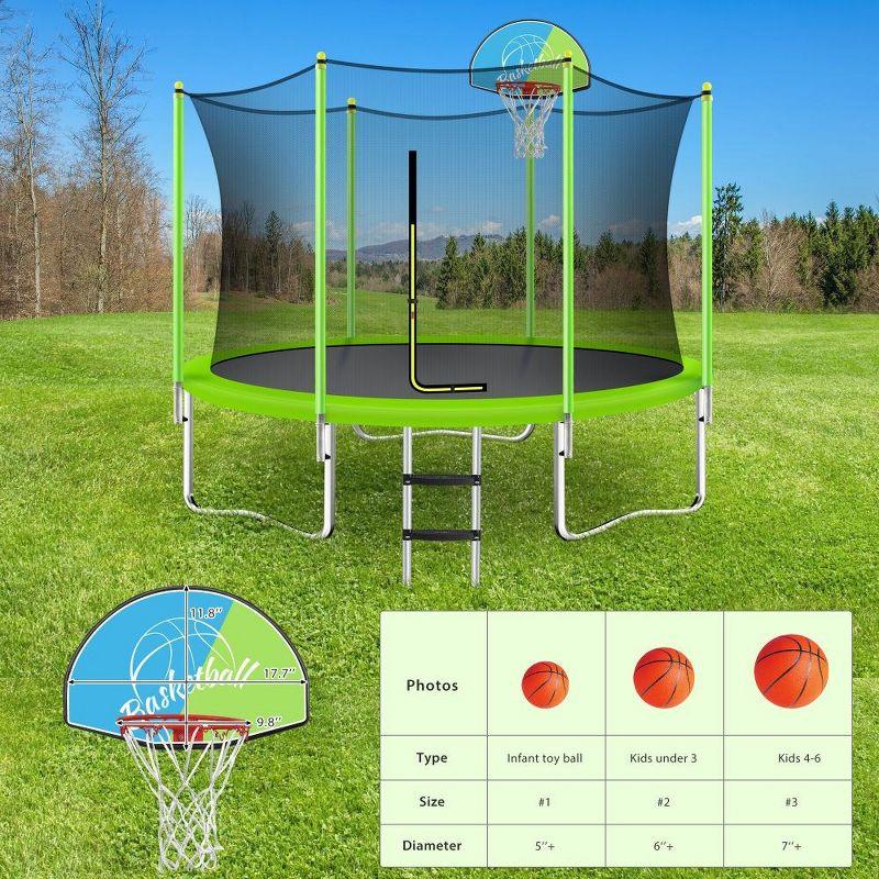 10FT Green Round Trampoline with Safety Enclosure and Basketball Hoop