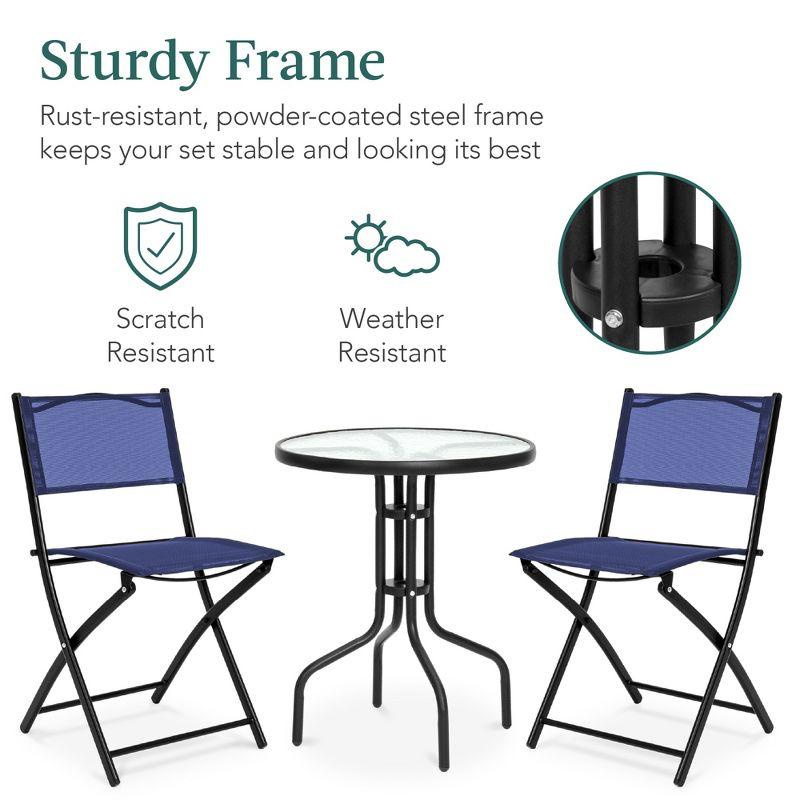 George Oliver 3-Piece Patio Bistro Dining Furniture Set W/ Glass Tabletop, Folding Chairs