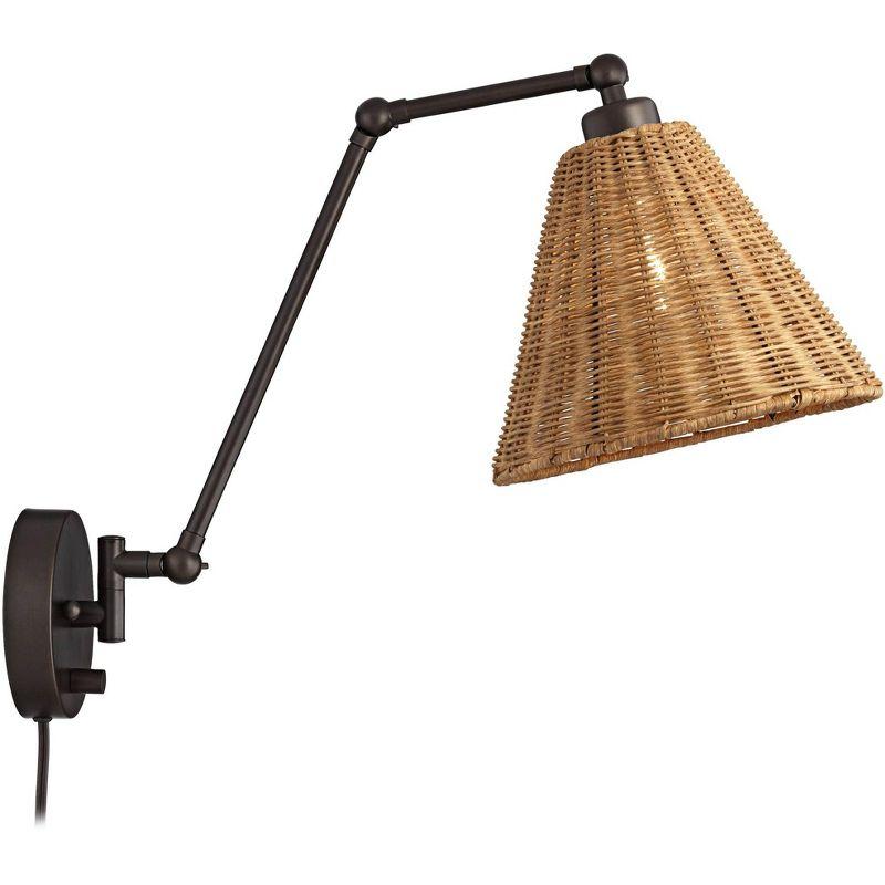 Barnes and Ivy Mid Century Modern Swing Arm Wall Lamps Set of 2 Bronze Plug-In Light Fixture Natural Rattan Shade for Bedroom Bedside House