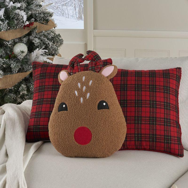 Mina Victory Holiday Plaid Faux Shearling Reindeer 3 Piece Set Indoor Throw Pillows