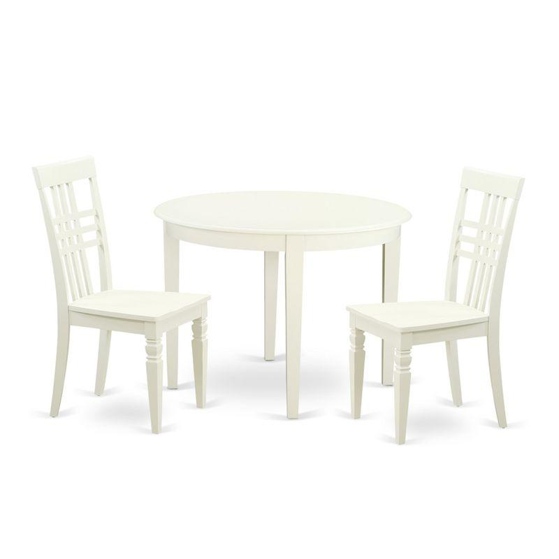 East West Furniture BOLG3-LWH-W 3 PC small Kitchen Table set with a Boston Dining Table and 2 Kitchen Chairs in Linen White