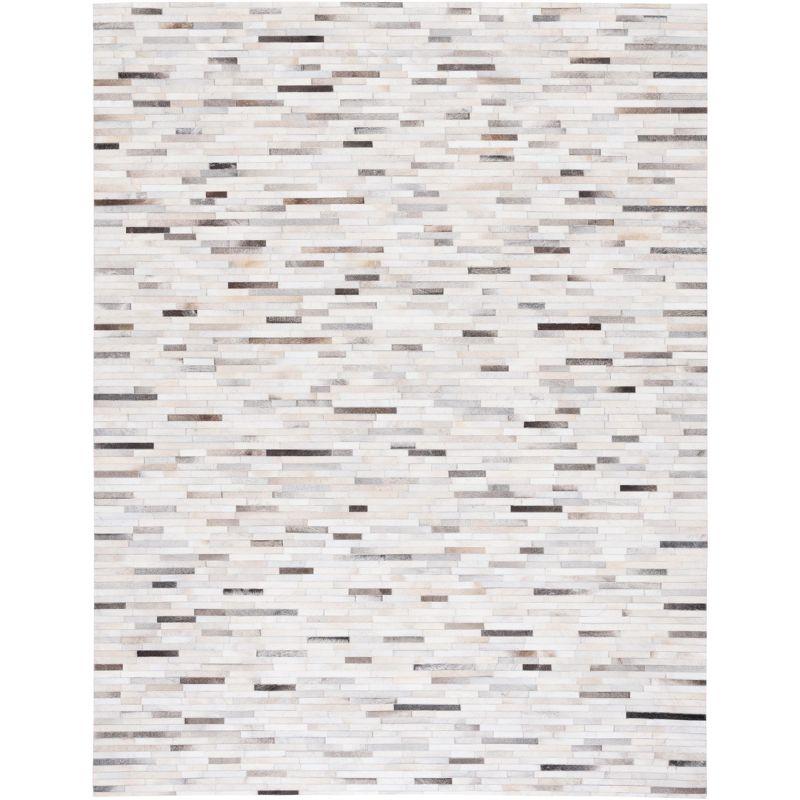 Ivory and Grey Hand-Knotted Geometric Cowhide Area Rug