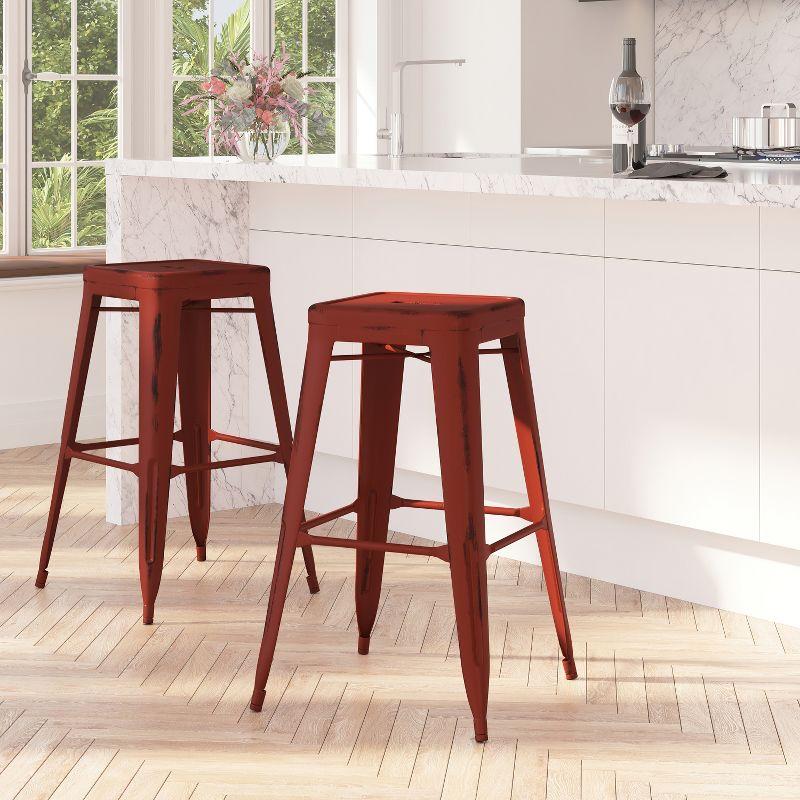 Merrick Lane Metal 30" Bar Height Stool with Distressed Kelly Red Powder Coated Finish and Integrated Floor Glides