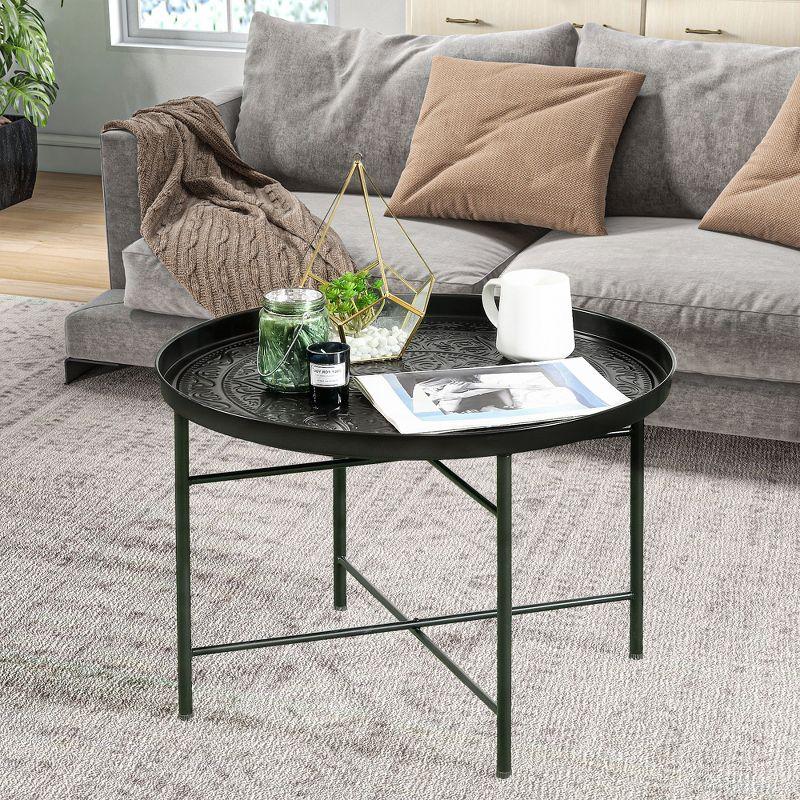 HOMCOM 24" Round Coffee Table with Hammered Tray Top, Vintage Metal Center Table for Living Room, Bedroom, Side Table, Black