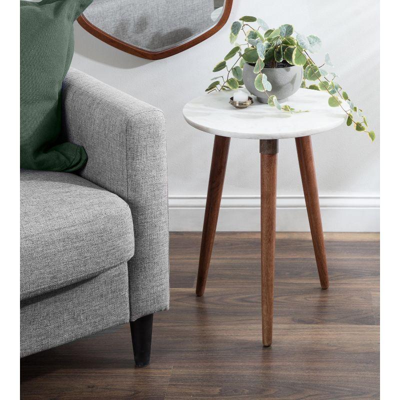 Walnut Brown and White Marble Round Side Table