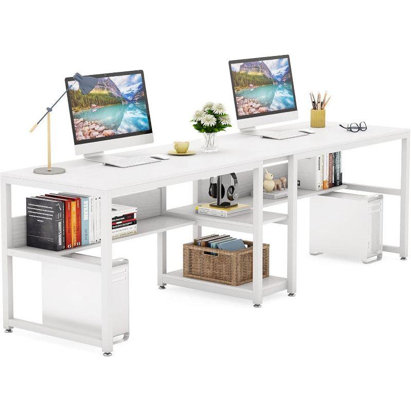 White Double Workstation Desk with Bookshelf and Storage Shelves