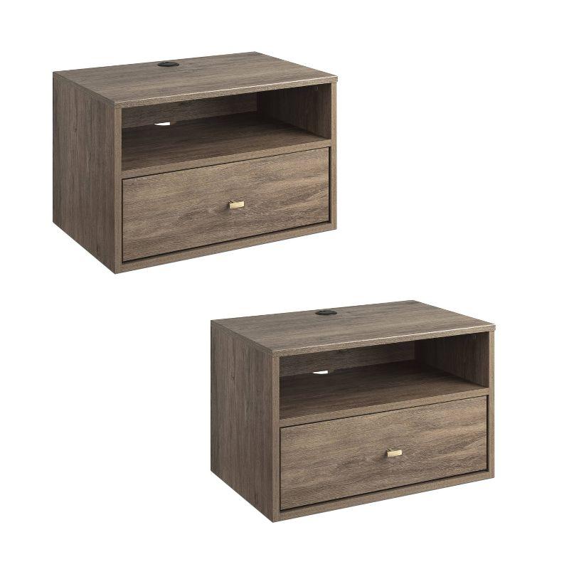 Drifted Gray Floating Nightstand with Drawer and Shelf, Set of 2